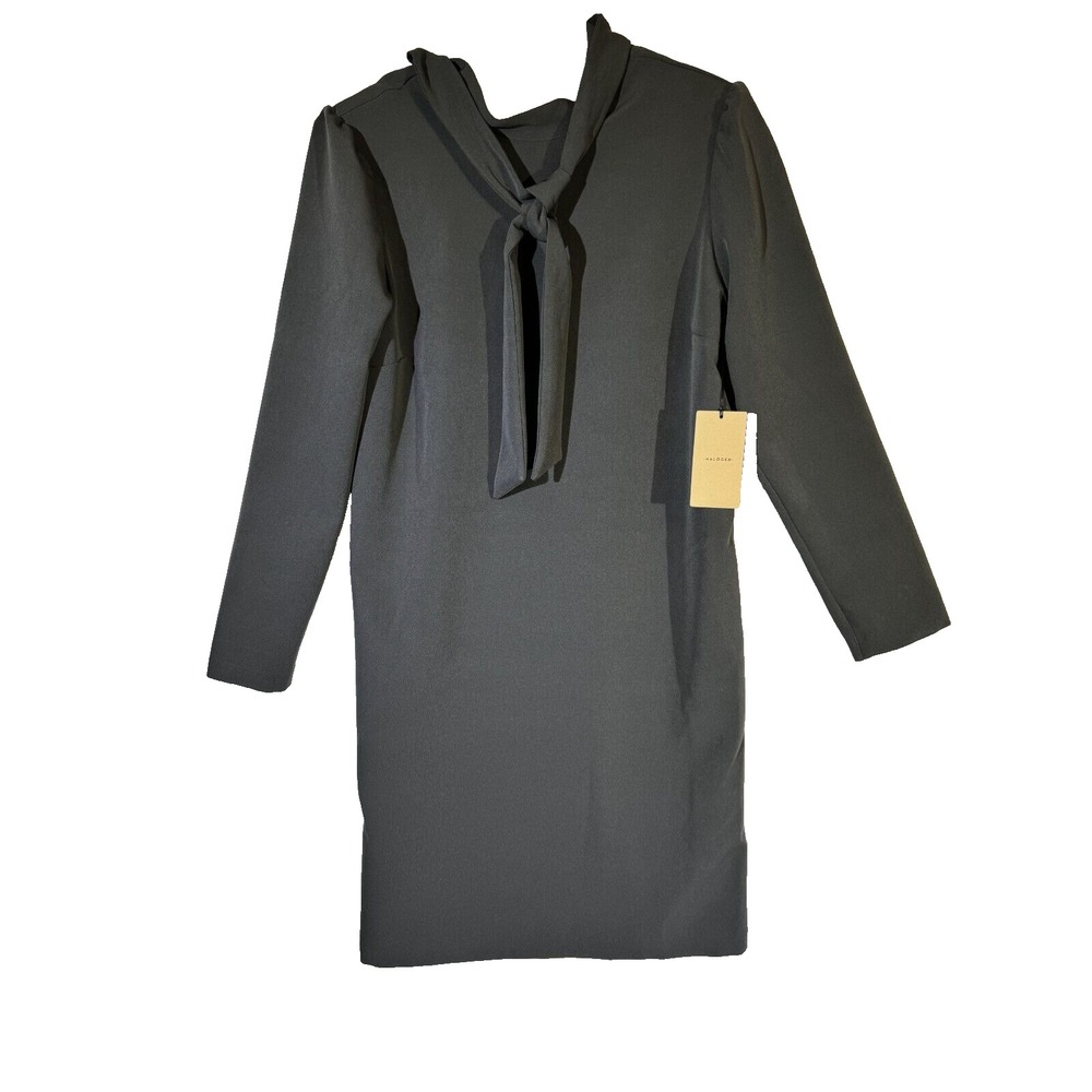 Halogen Women's Small Black Pullover Shift Dress Polyester Stretch Tie Neck W430